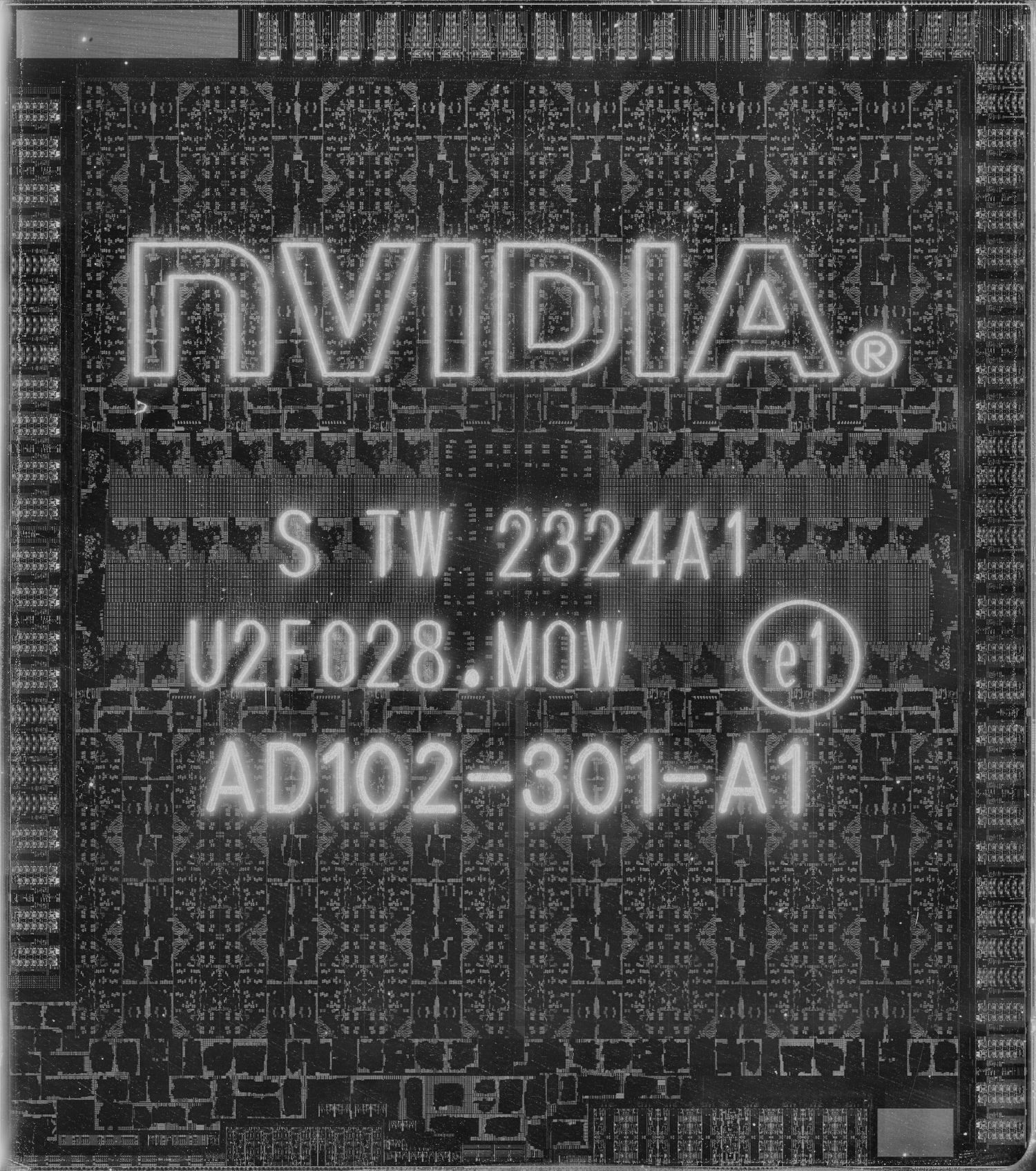 Infrared photograph of the Nvidia AD102 die: two rows of six repeated blocks, a band of cache between the rows, and interface circuitry around the edges, seen through the laser-etched Nvidia markings