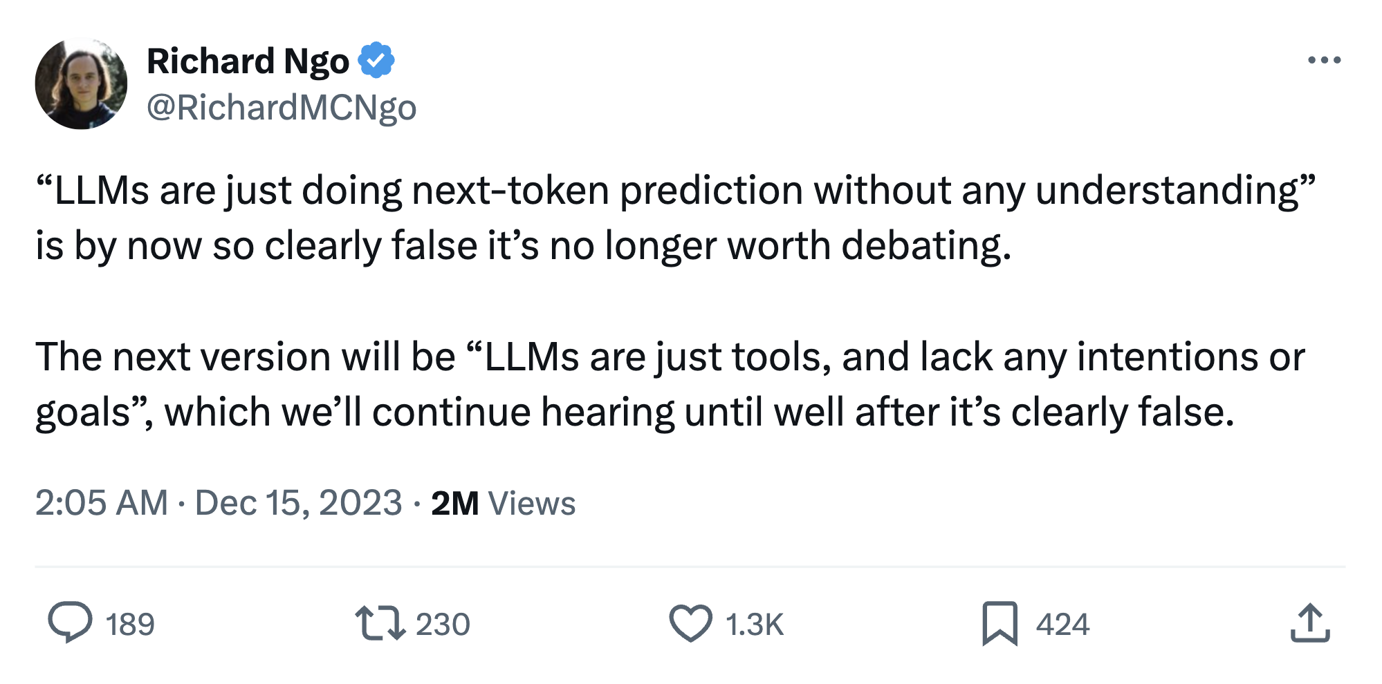 Tweet by Richard Ngo: LLMs are just doing next-token prediction without any understanding is by now so clearly false it is no longer worth debating.